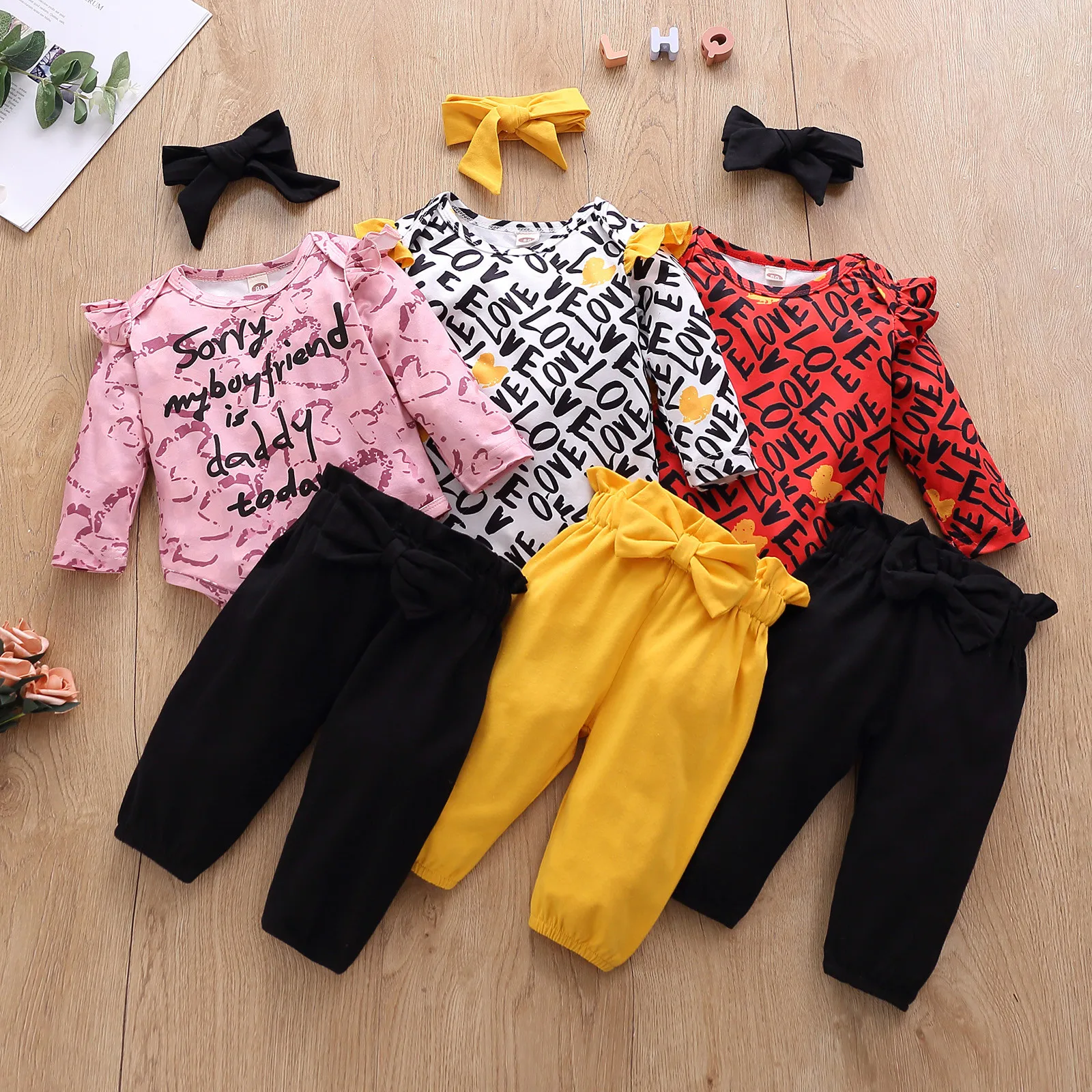 

0-12Months Newborn Infant Baby Print Romper Bodysuit+Solid Pants+Headband Set Outfits повязка на головђ зима LOVE printing M5